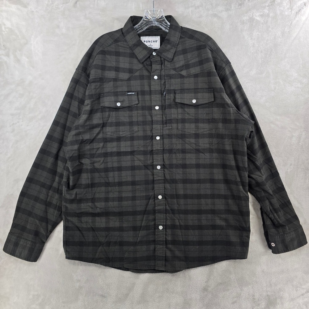 Poncho Flannel Shirt Mens XL Gray Black Plaid Pearl Snap Western Long Sleeve